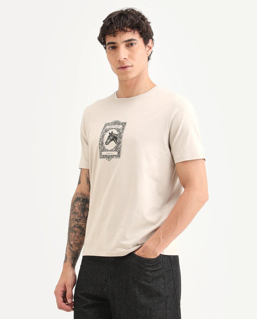 Rare Rabbit Men's Zuk Dusky Beige Cotton Blend Fabric Half Sleeve Crew Neck Regular Fit Graphic Print T-Shirt