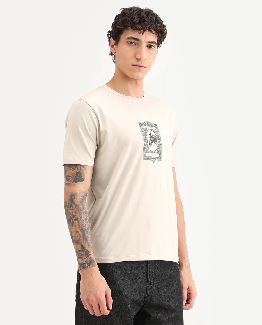 Rare Rabbit Men's Zuk Dusky Beige Cotton Blend Fabric Half Sleeve Crew Neck Regular Fit Graphic Print T-Shirt