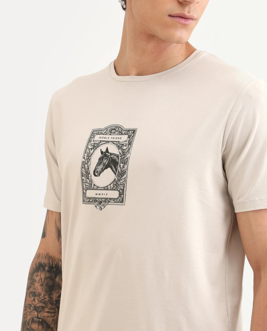 Rare Rabbit Men's Zuk Dusky Beige Cotton Blend Fabric Half Sleeve Crew Neck Regular Fit Graphic Print T-Shirt