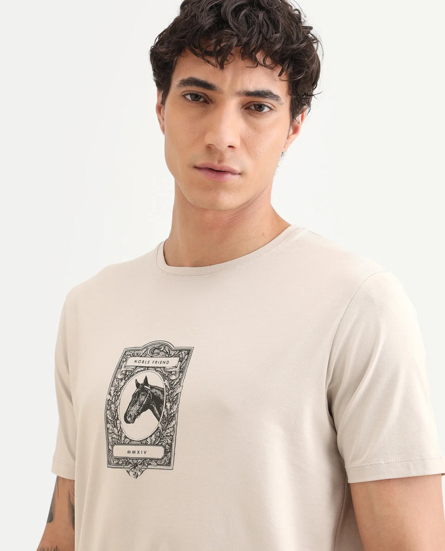 Rare Rabbit Men's Zuk Dusky Beige Cotton Blend Fabric Half Sleeve Crew Neck Regular Fit Graphic Print T-Shirt