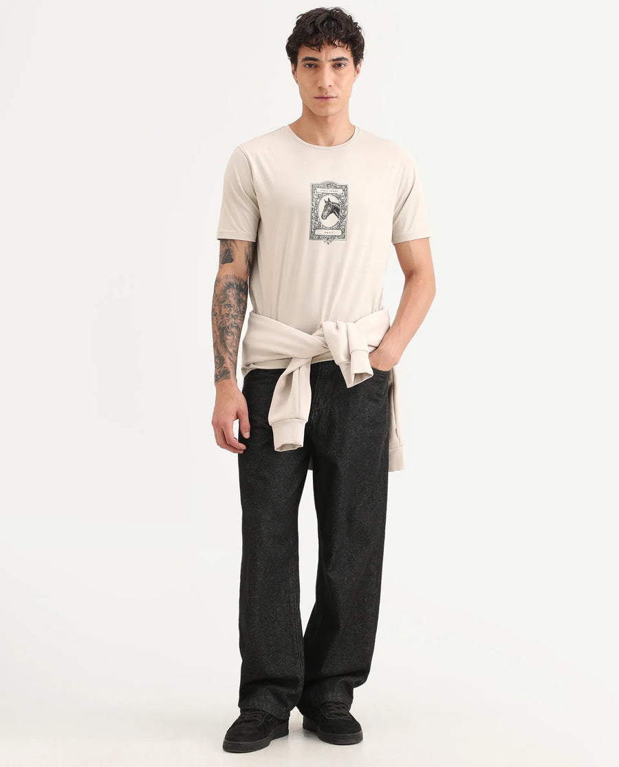 Rare Rabbit Men's Zuk Dusky Beige Cotton Blend Fabric Half Sleeve Crew Neck Regular Fit Graphic Print T-Shirt