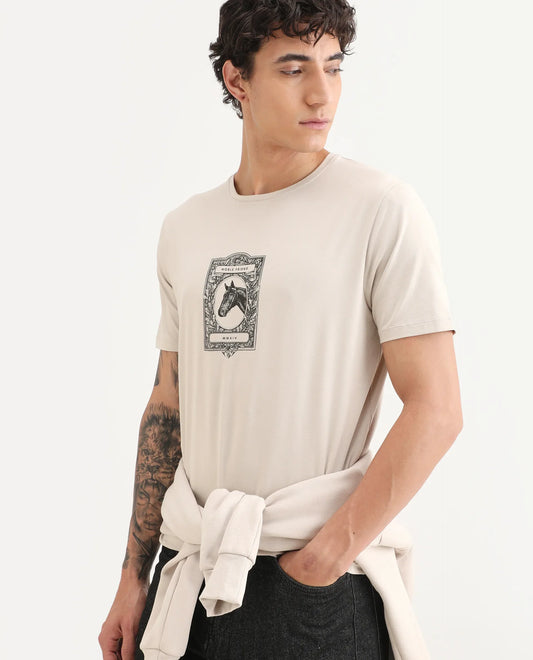 Rare Rabbit Men's Zuk Dusky Beige Cotton Blend Fabric Half Sleeve Crew Neck Regular Fit Graphic Print T-Shirt