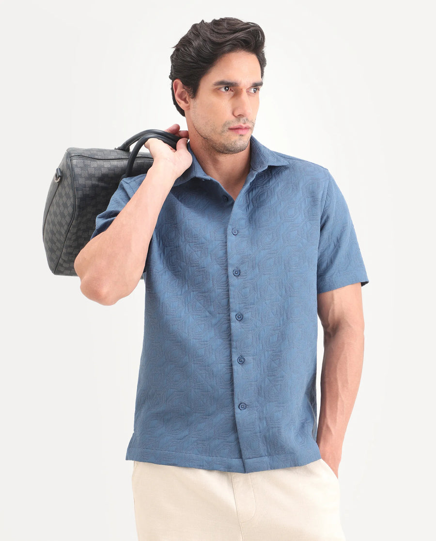 Rare Rabbit Men's Wedel Blue Cotton Fabric Half Sleeve Spread Collar Regular Fit Jacquard Shirt