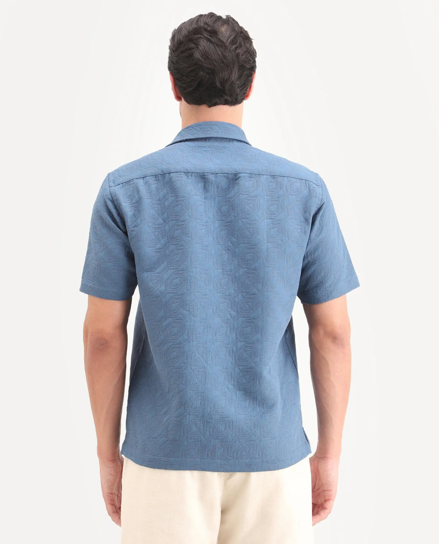 Rare Rabbit Men's Wedel Blue Cotton Fabric Half Sleeve Spread Collar Regular Fit Jacquard Shirt
