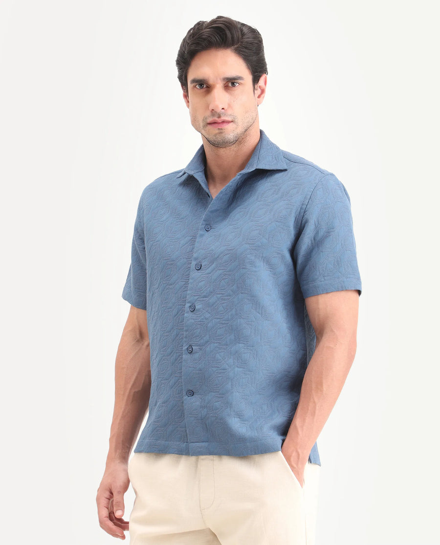 Rare Rabbit Men's Wedel Blue Cotton Fabric Half Sleeve Spread Collar Regular Fit Jacquard Shirt