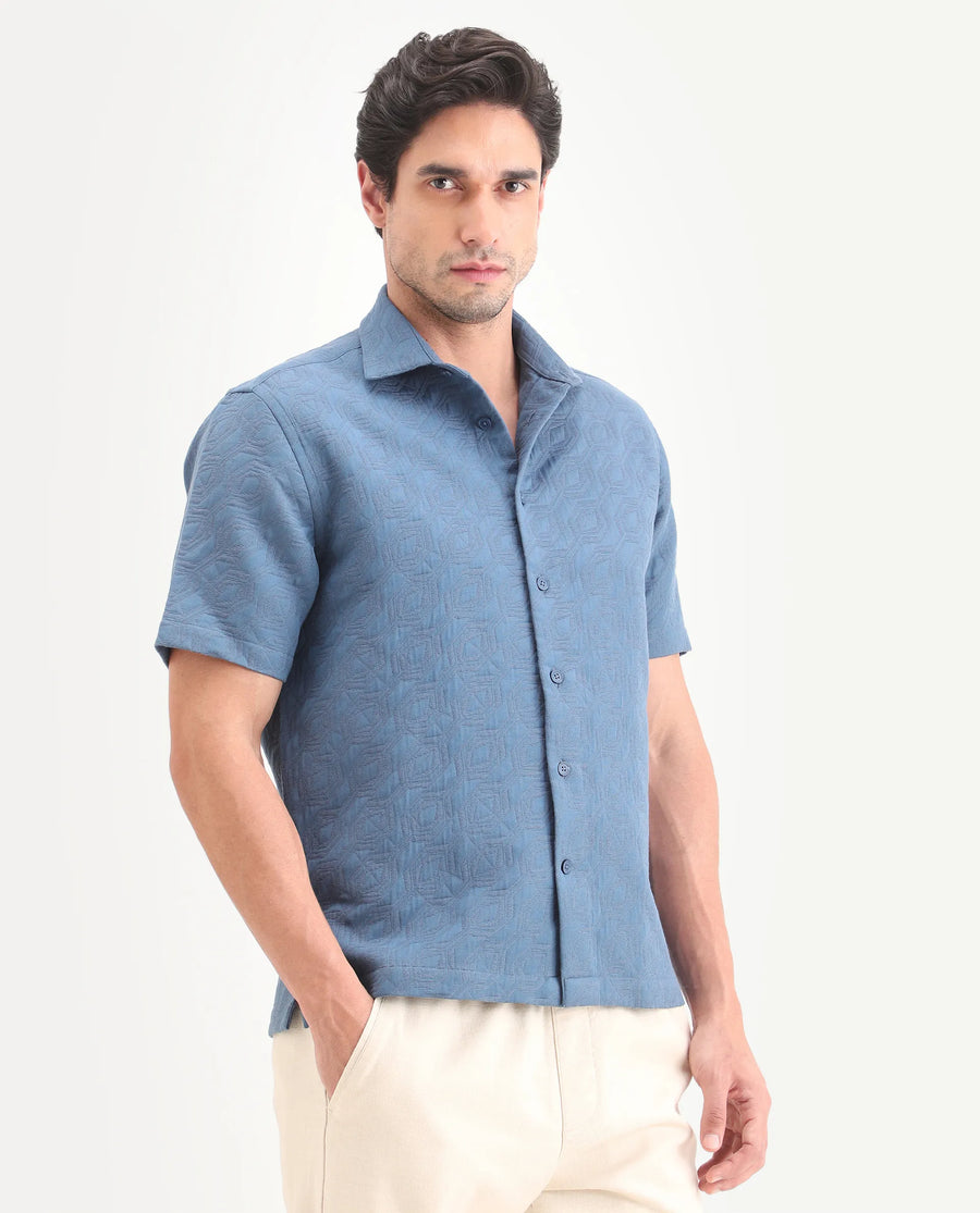 Rare Rabbit Men's Wedel Blue Cotton Fabric Half Sleeve Spread Collar Regular Fit Jacquard Shirt