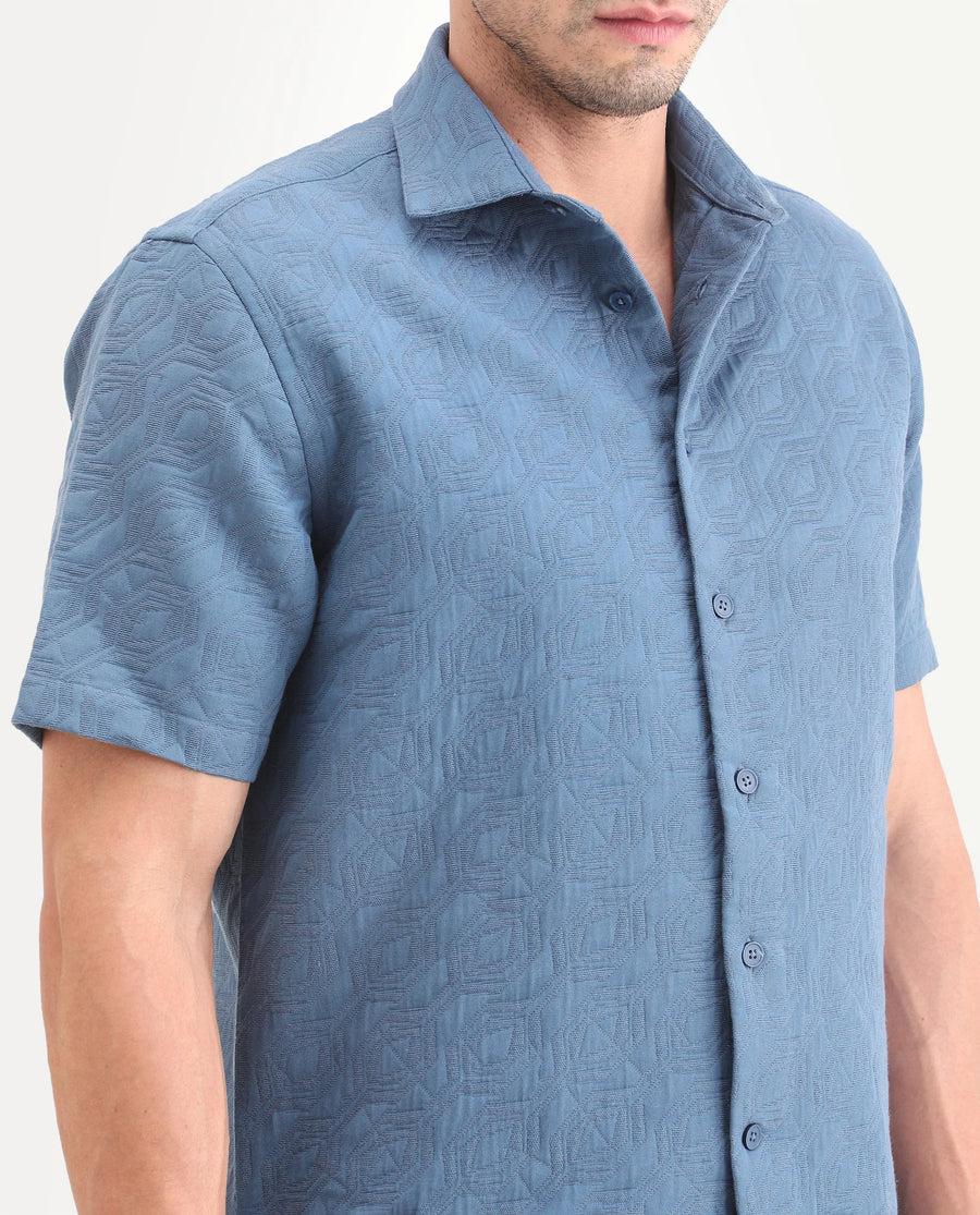Rare Rabbit Men's Wedel Blue Cotton Fabric Half Sleeve Spread Collar Regular Fit Jacquard Shirt
