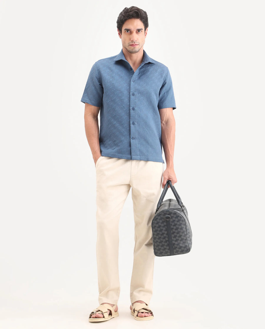 Rare Rabbit Men's Wedel Blue Cotton Fabric Half Sleeve Spread Collar Regular Fit Jacquard Shirt