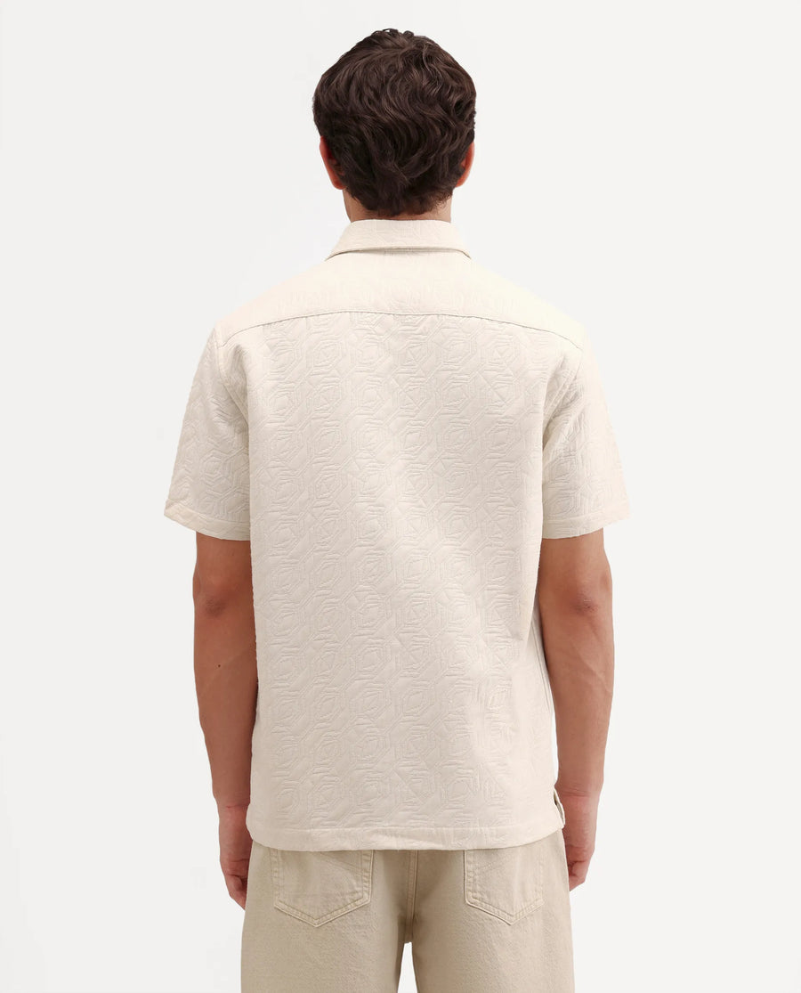 Rare Rabbit Men's Wedel Off White Cotton Fabric Half Sleeve Spread Collar Regular Fit Jacquard Shirt
