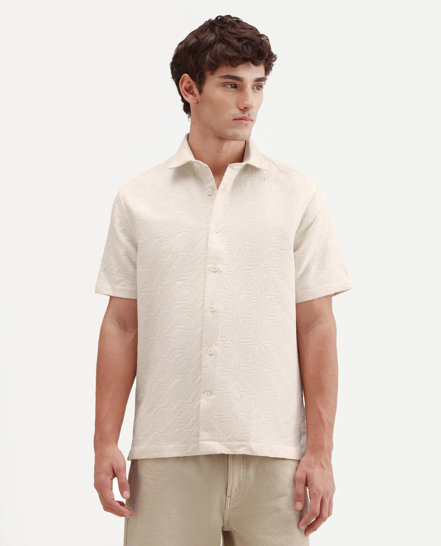 Rare Rabbit Men's Wedel Off White Cotton Fabric Half Sleeve Spread Collar Regular Fit Jacquard Shirt