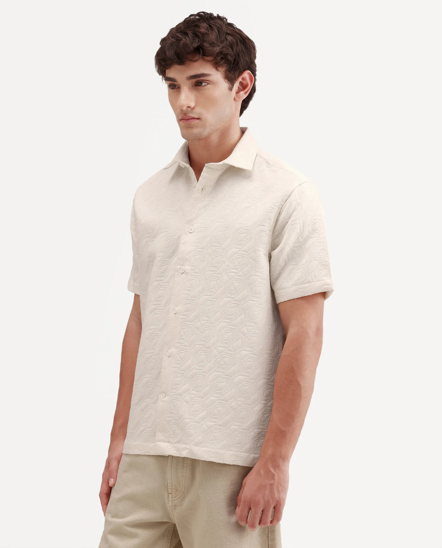 Rare Rabbit Men's Wedel Off White Cotton Fabric Half Sleeve Spread Collar Regular Fit Jacquard Shirt