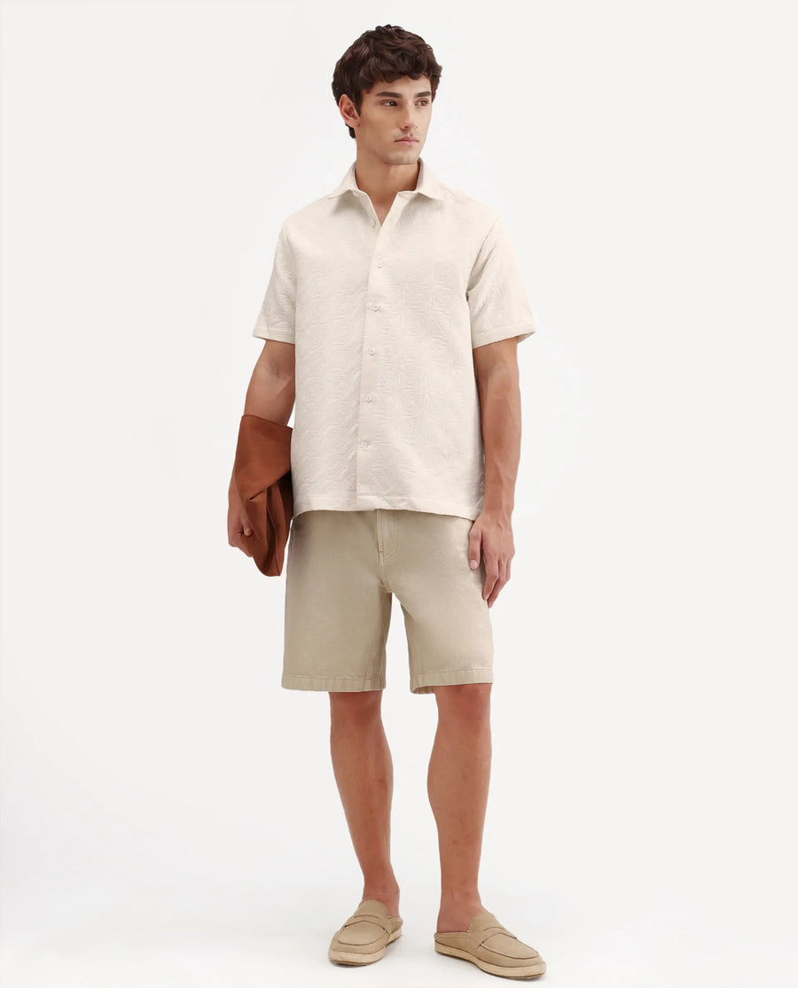 Rare Rabbit Men's Wedel Off White Cotton Fabric Half Sleeve Spread Collar Regular Fit Jacquard Shirt