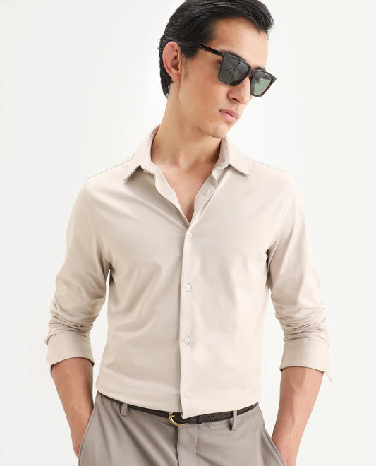 Rare Rabbit Men's Tour-Ss26 Pastel Beige Cotton Blend Fabric Full Sleeve Spread Collar Regular Fit Plain Shirt