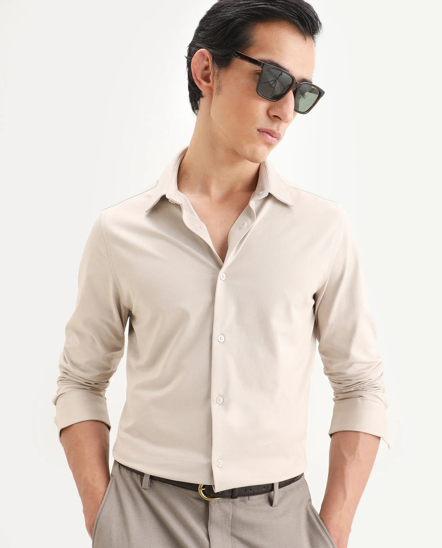 Rare Rabbit Men's Tour-Ss26 Pastel Beige Cotton Blend Fabric Full Sleeve Spread Collar Regular Fit Plain Shirt