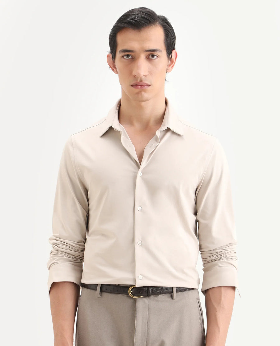Rare Rabbit Men's Tour-Ss26 Pastel Beige Cotton Blend Fabric Full Sleeve Spread Collar Regular Fit Plain Shirt