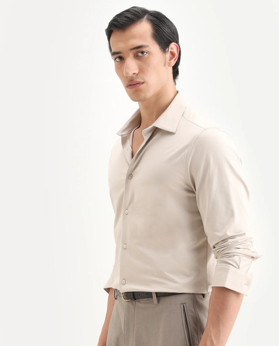 Rare Rabbit Men's Tour-Ss26 Pastel Beige Cotton Blend Fabric Full Sleeve Spread Collar Regular Fit Plain Shirt