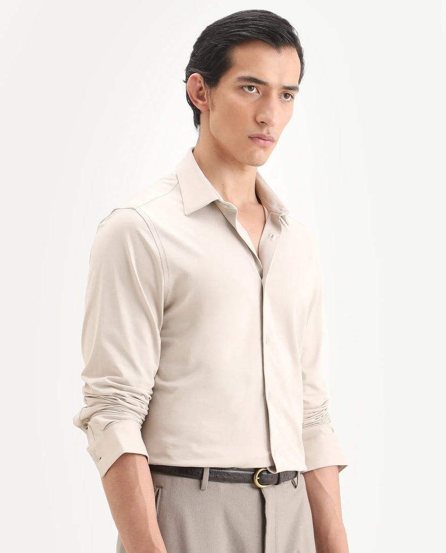 Rare Rabbit Men's Tour-Ss26 Pastel Beige Cotton Blend Fabric Full Sleeve Spread Collar Regular Fit Plain Shirt