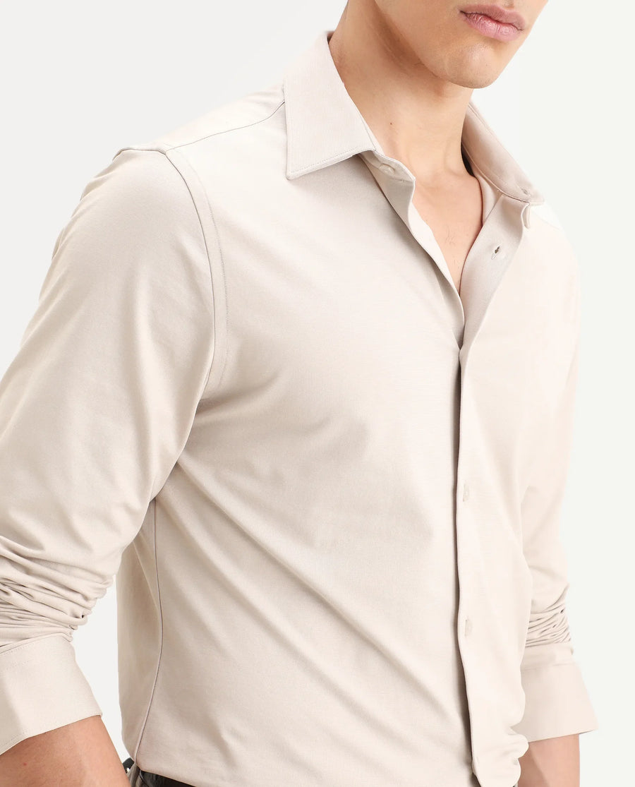 Rare Rabbit Men's Tour-Ss26 Pastel Beige Cotton Blend Fabric Full Sleeve Spread Collar Regular Fit Plain Shirt