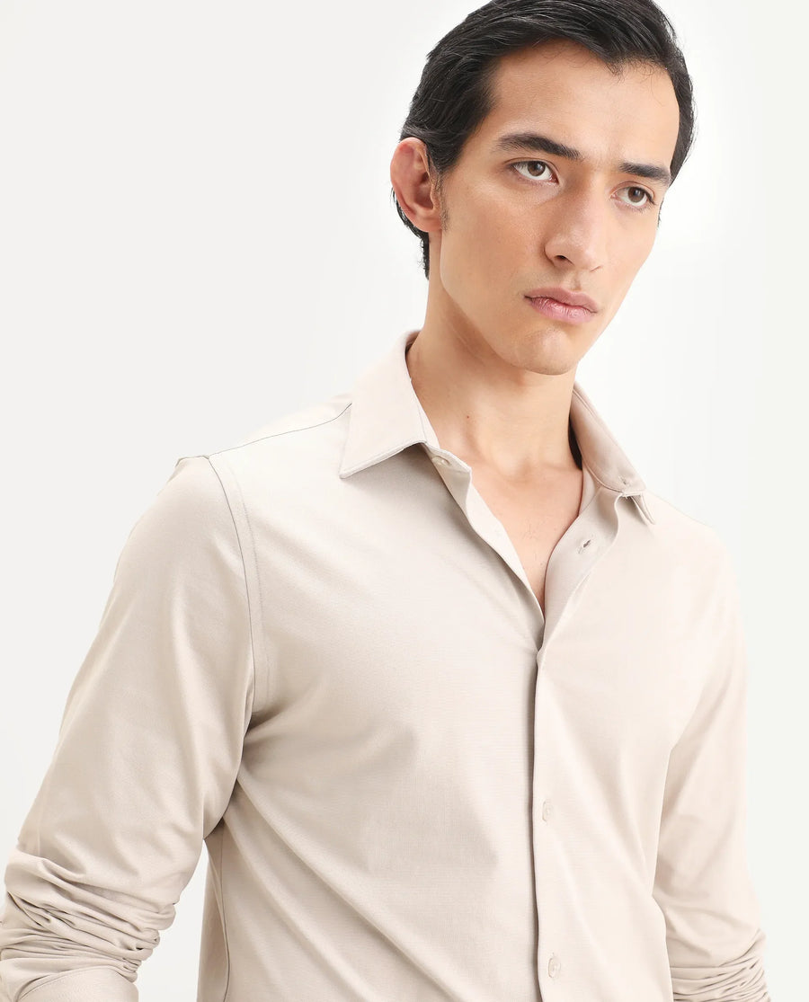 Rare Rabbit Men's Tour-Ss26 Pastel Beige Cotton Blend Fabric Full Sleeve Spread Collar Regular Fit Plain Shirt