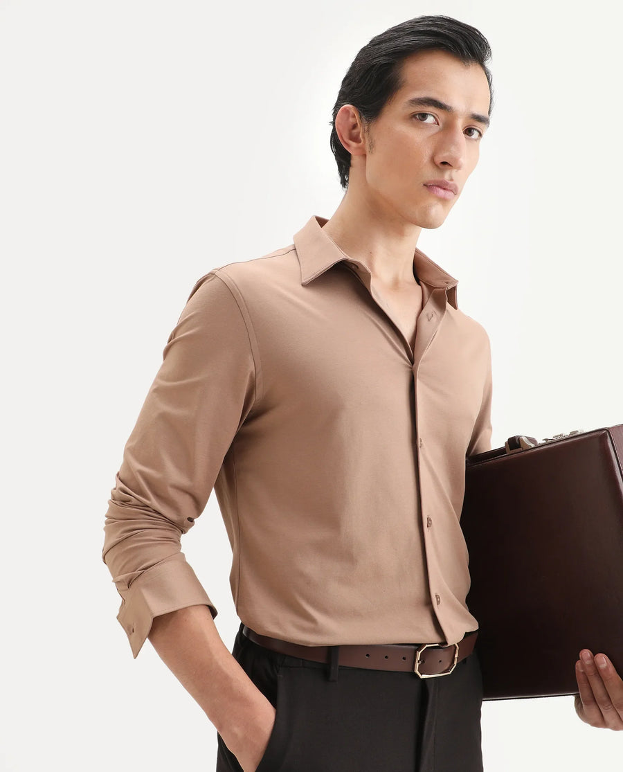 Rare Rabbit Men's Tour-Ss26 Light Brown Cotton Blend Fabric Full Sleeve Spread Collar Regular Fit Plain Shirt