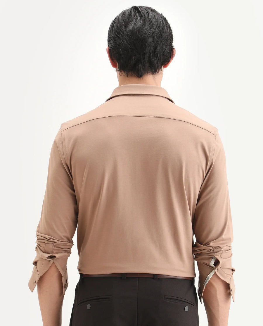 Rare Rabbit Men's Tour-Ss26 Light Brown Cotton Blend Fabric Full Sleeve Spread Collar Regular Fit Plain Shirt
