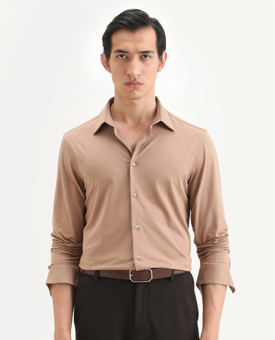 Rare Rabbit Men's Tour-Ss26 Light Brown Cotton Blend Fabric Full Sleeve Spread Collar Regular Fit Plain Shirt