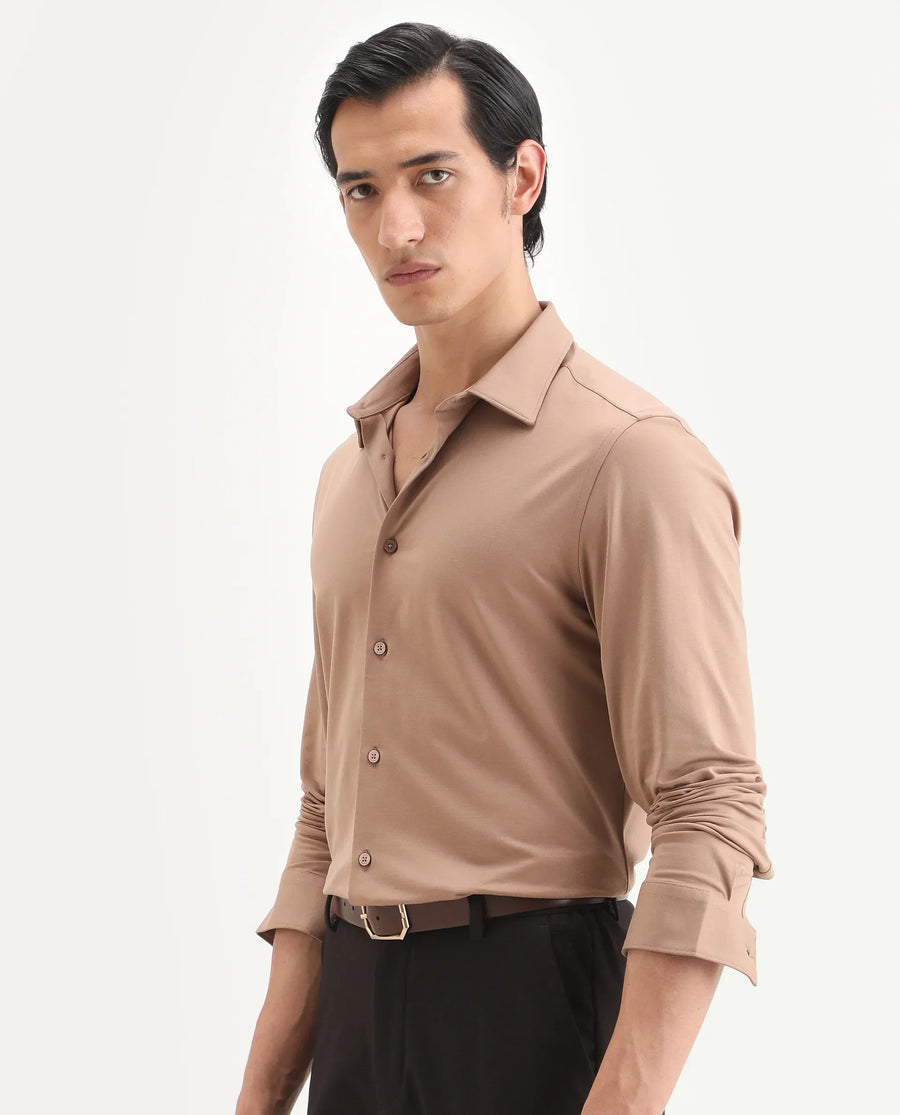 Rare Rabbit Men's Tour-Ss26 Light Brown Cotton Blend Fabric Full Sleeve Spread Collar Regular Fit Plain Shirt