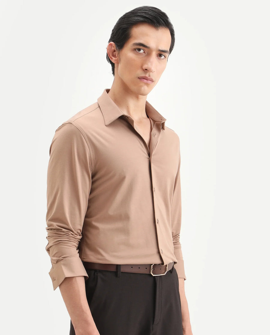 Rare Rabbit Men's Tour-Ss26 Light Brown Cotton Blend Fabric Full Sleeve Spread Collar Regular Fit Plain Shirt