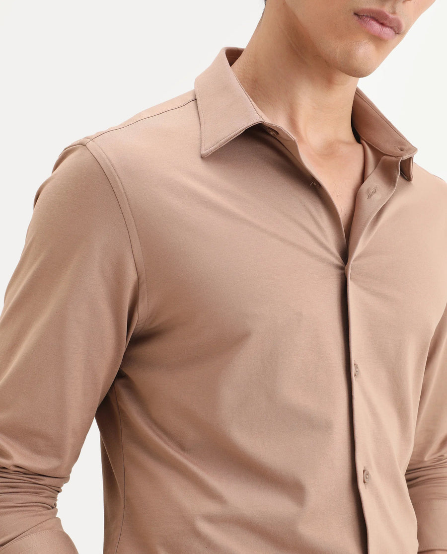 Rare Rabbit Men's Tour-Ss26 Light Brown Cotton Blend Fabric Full Sleeve Spread Collar Regular Fit Plain Shirt