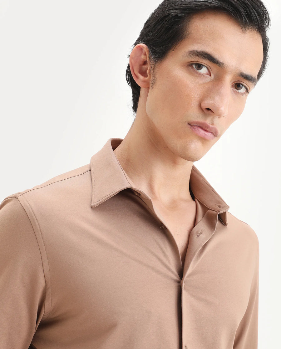 Rare Rabbit Men's Tour-Ss26 Light Brown Cotton Blend Fabric Full Sleeve Spread Collar Regular Fit Plain Shirt