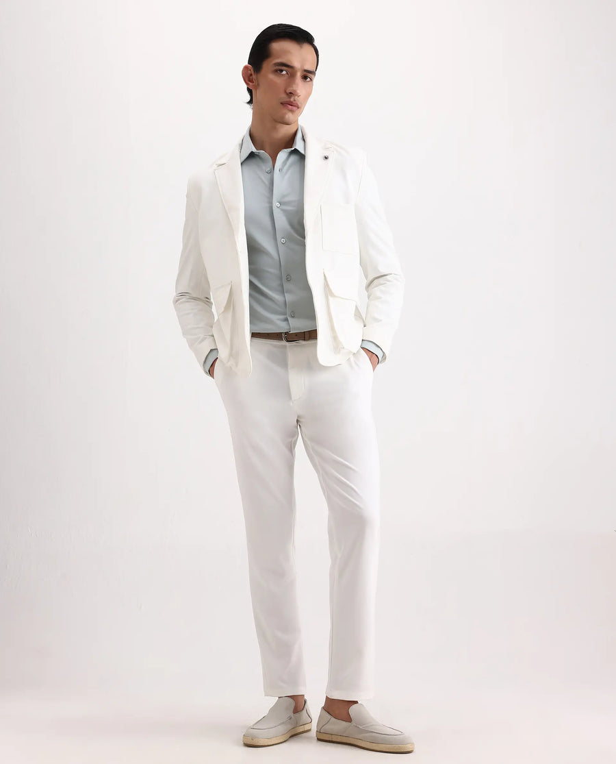 Rare Rabbit Men's Travel-Ss26 White Polyester Fabric Button And Zip Closure Closure Plain Trouser