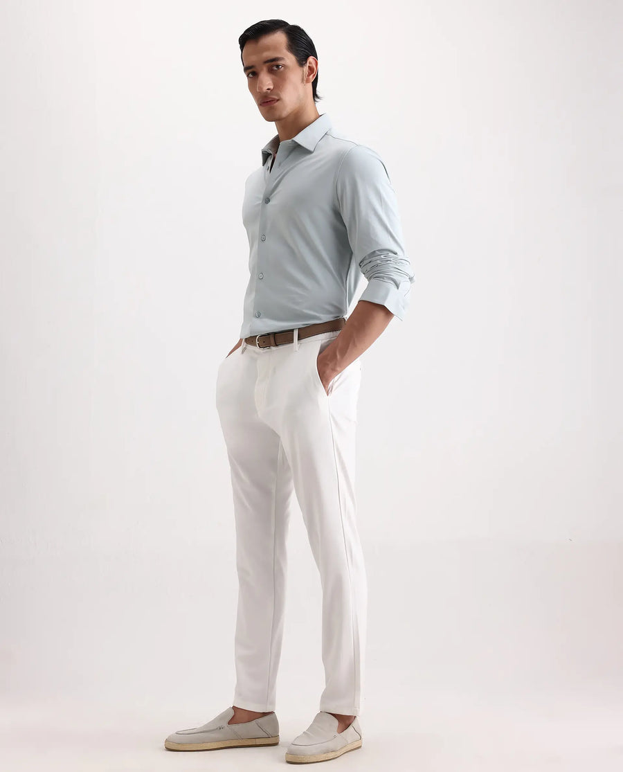 Rare Rabbit Men's Travel-Ss26 White Polyester Fabric Button And Zip Closure Closure Plain Trouser