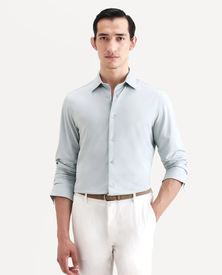 Rare Rabbit Men's Tour-Ss26 Pastel Green Cotton Blend Fabric Full Sleeve Spread Collar Regular Fit Plain Shirt