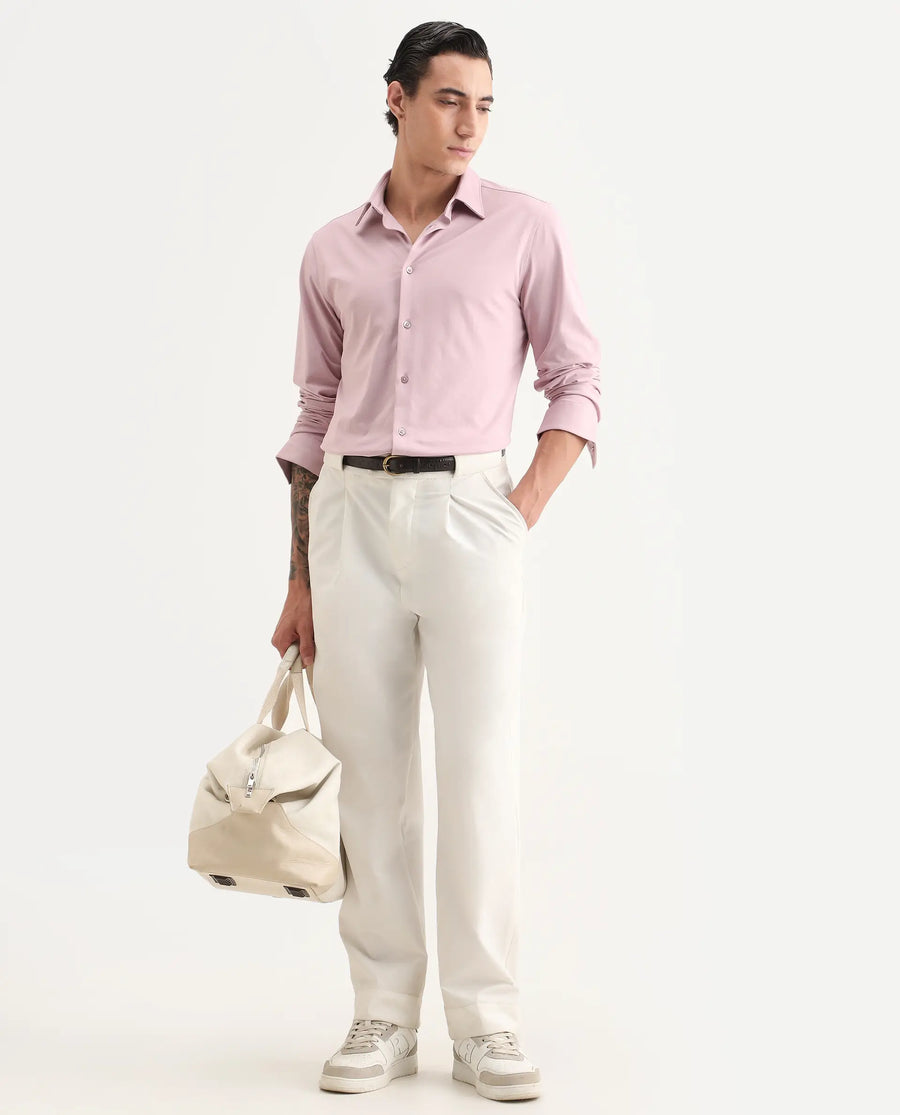 Rare Rabbit Men's Tour-Ss26 Pastel Pink Cotton Blend Fabric Full Sleeve Spread Collar Regular Fit Plain Shirt