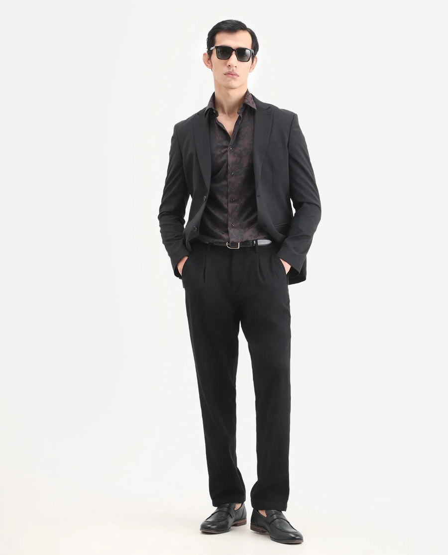 Rare Rabbit Men's Nada Black Cotton Fabric Relaxed Fit Plain Trouser