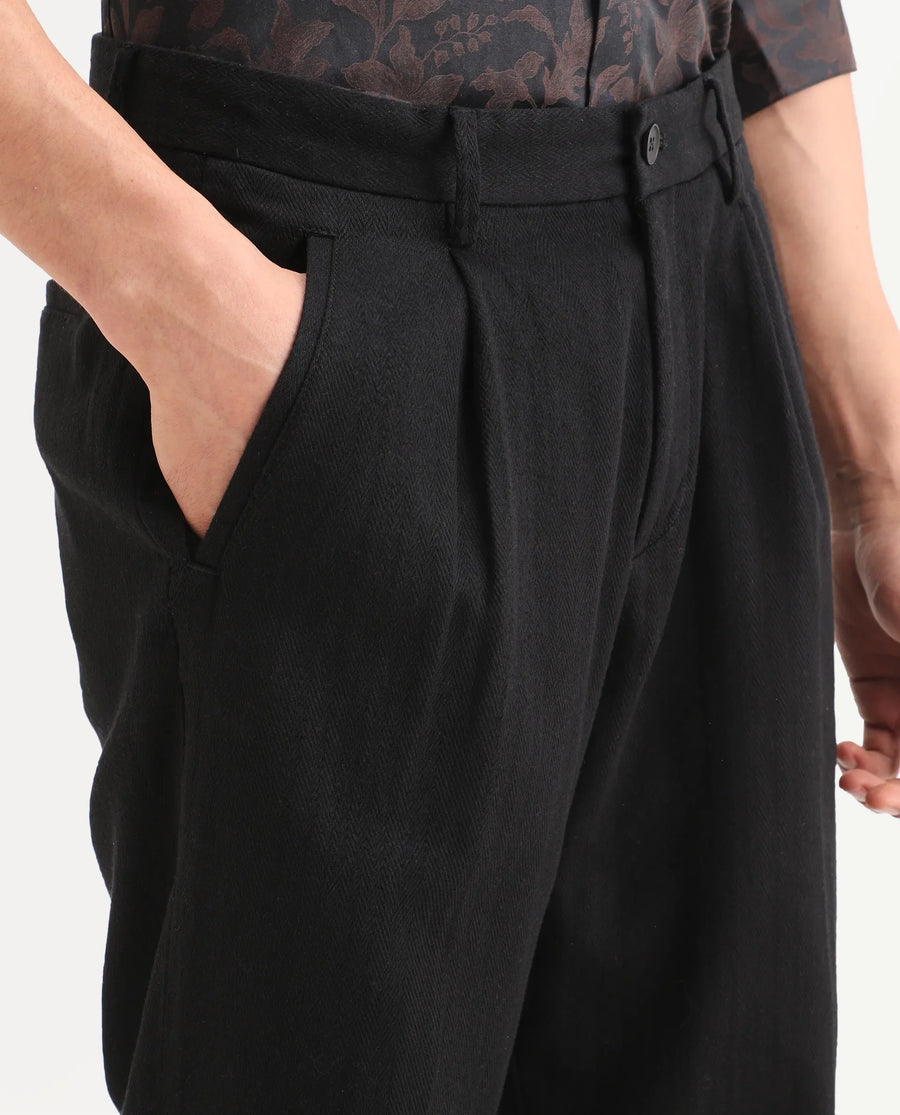 Rare Rabbit Men's Nada Black Cotton Fabric Relaxed Fit Plain Trouser