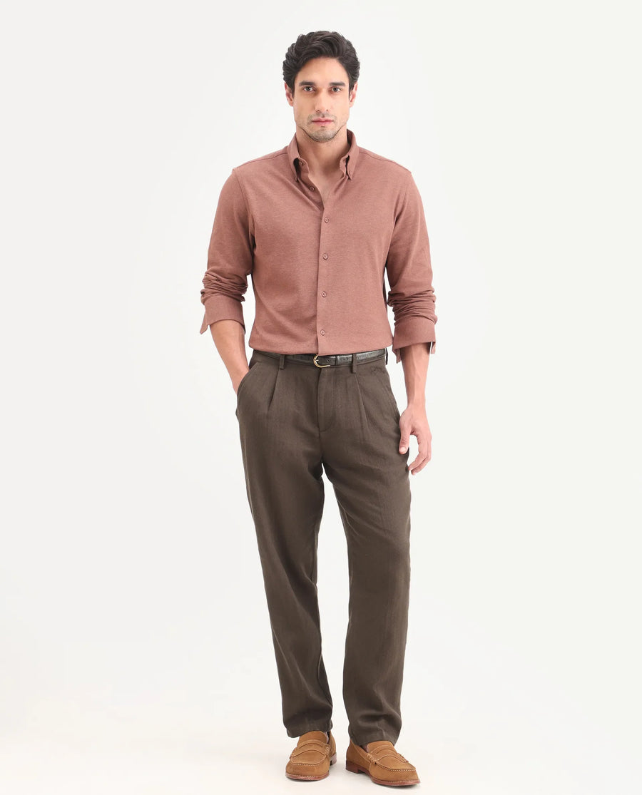 Rare Rabbit Men's Nada Dark Brown Cotton Fabric Relaxed Plain Trouser