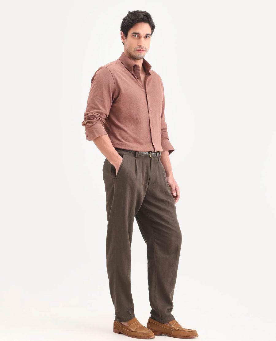 Rare Rabbit Men's Nada Dark Brown Cotton Fabric Relaxed Plain Trouser
