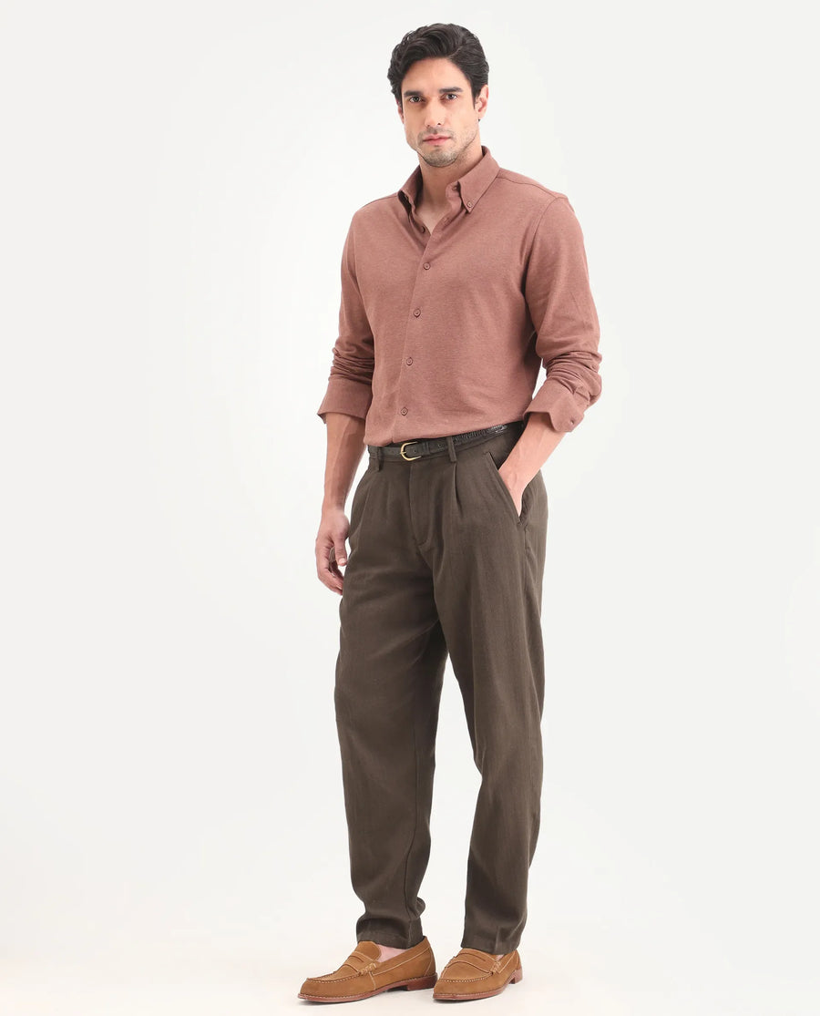 Rare Rabbit Men's Nada Dark Brown Cotton Fabric Relaxed Plain Trouser