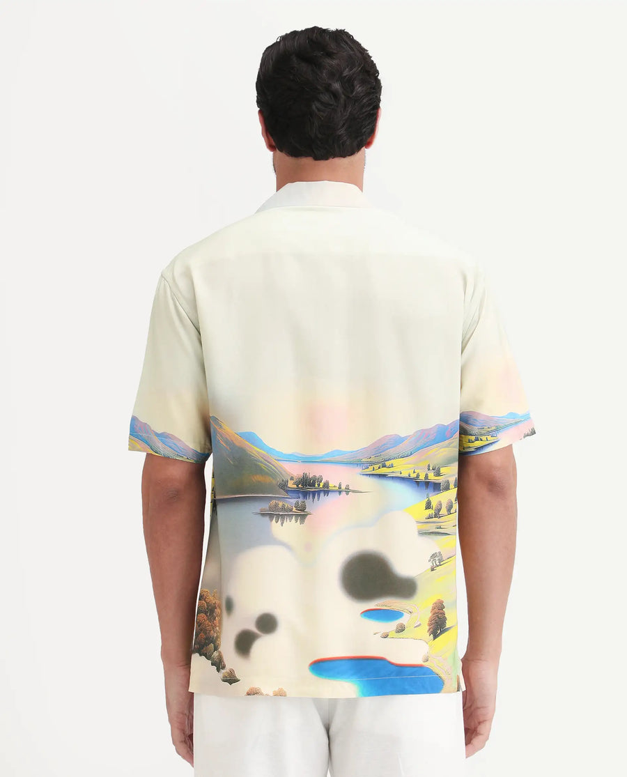 Rare Rabbit Men's Afix Dusky Beige Viscose Fabric Half Sleeve Cuban Collar Regular Fit Abstract Print Shirt