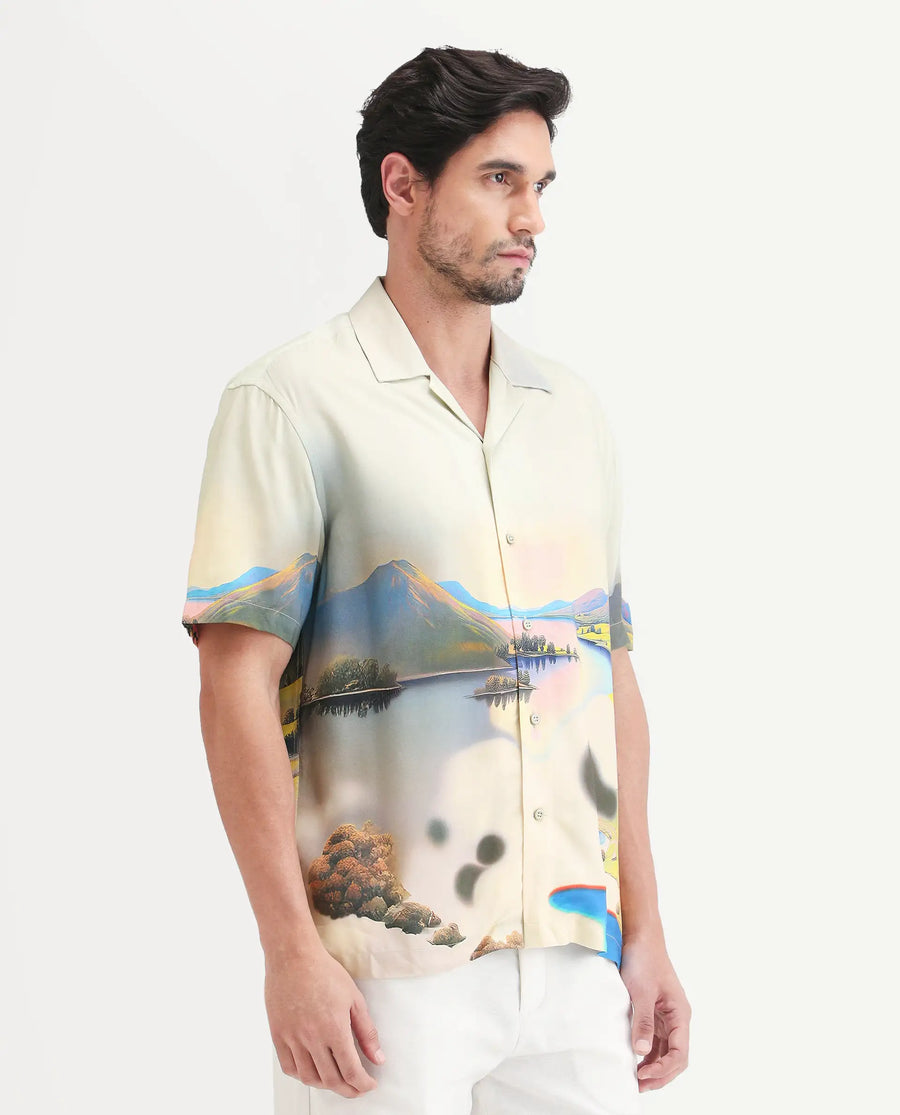 Rare Rabbit Men's Afix Dusky Beige Viscose Fabric Half Sleeve Cuban Collar Regular Fit Abstract Print Shirt