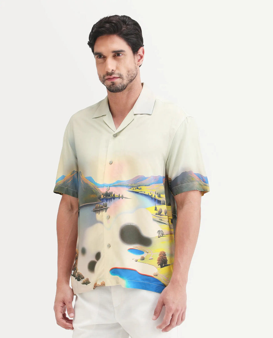 Rare Rabbit Men's Afix Dusky Beige Viscose Fabric Half Sleeve Cuban Collar Regular Fit Abstract Print Shirt