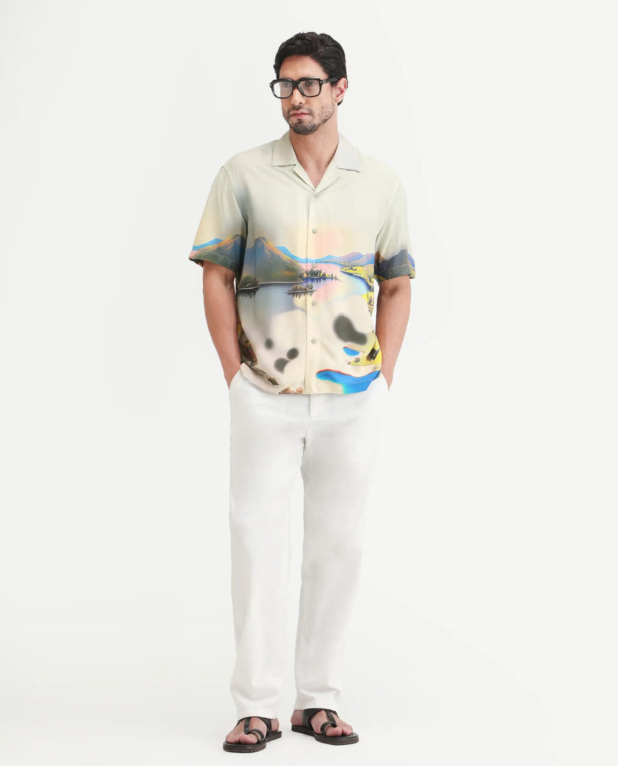 Rare Rabbit Men's Afix Dusky Beige Viscose Fabric Half Sleeve Cuban Collar Regular Fit Abstract Print Shirt