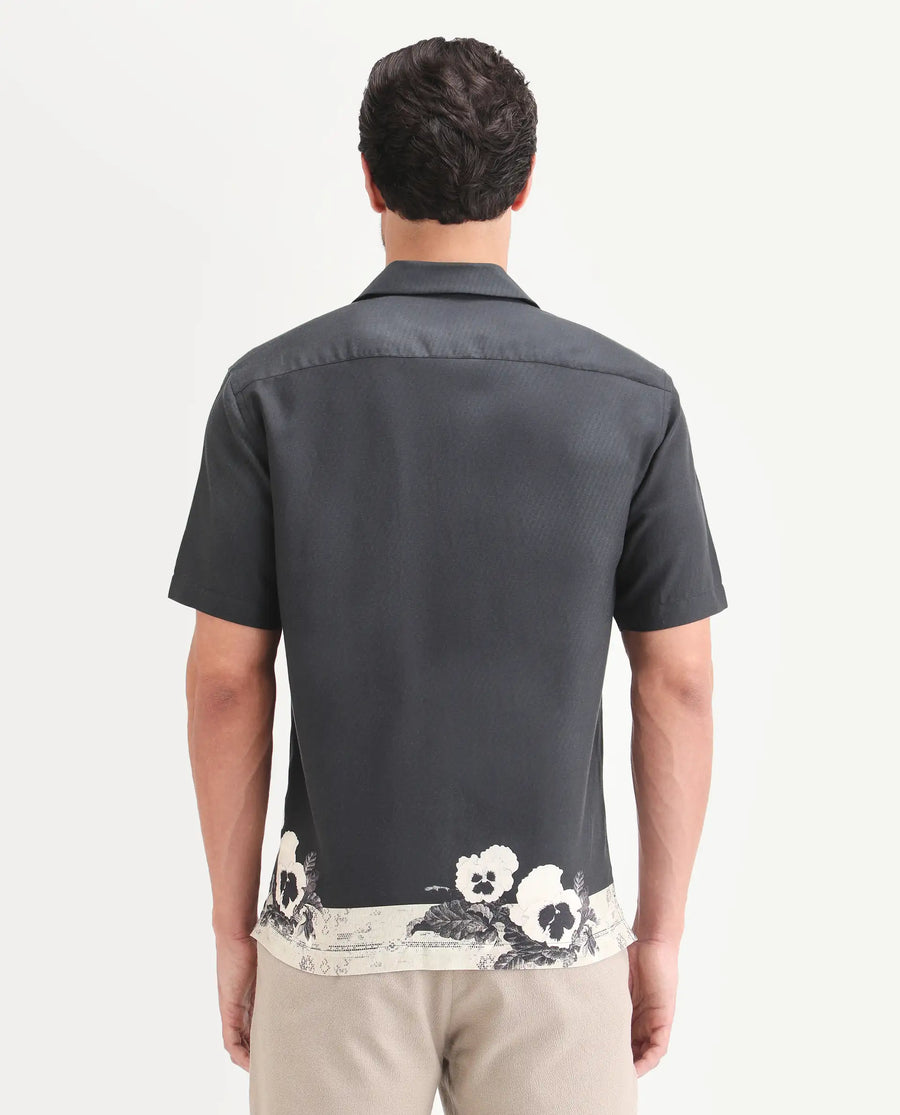 Rare Rabbit Men's Aqel Black Cotton Blend Fabric Half Sleeve Cuban Collar Regular Fit Floral Print Shirt