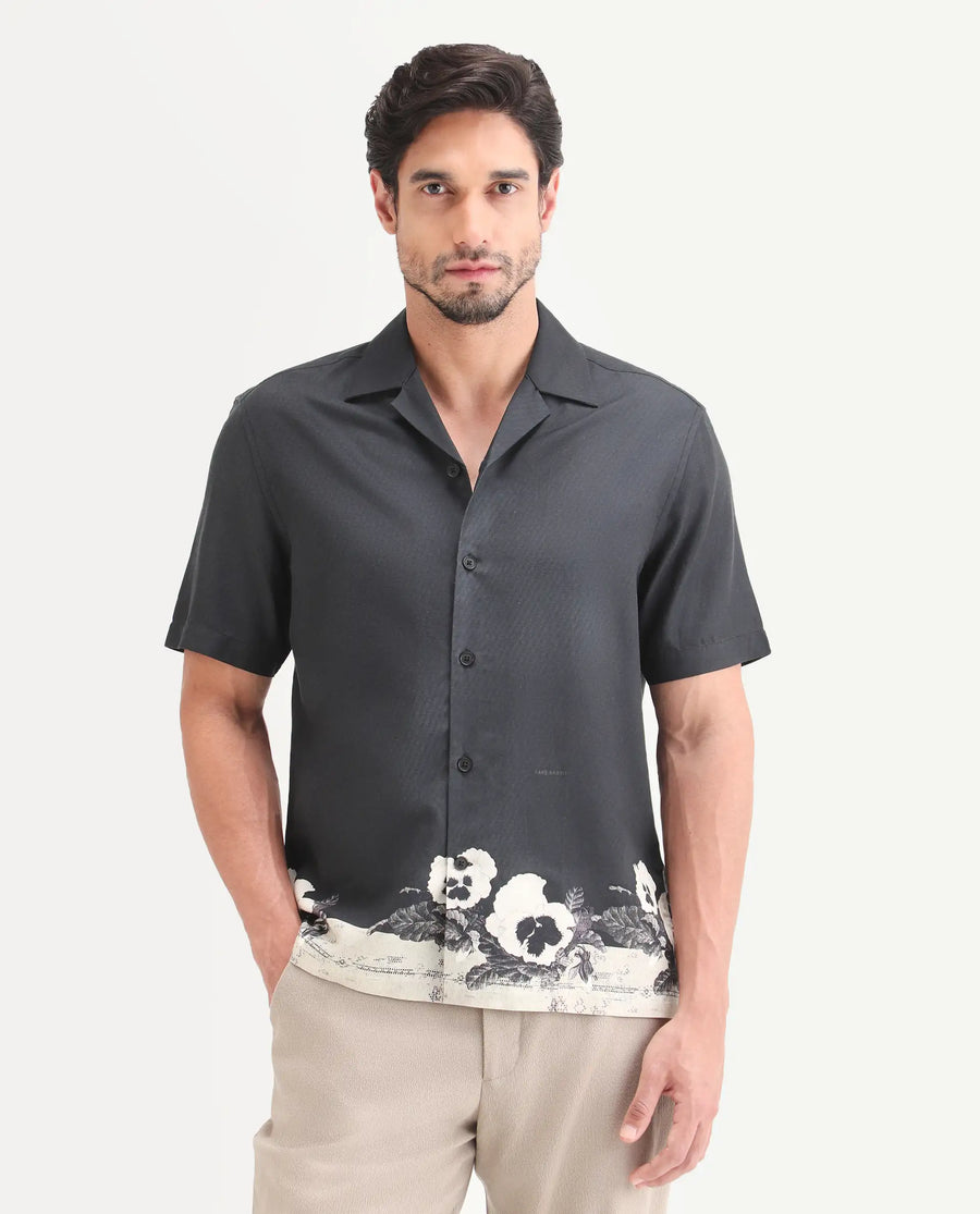 Rare Rabbit Men's Aqel Black Cotton Blend Fabric Half Sleeve Cuban Collar Regular Fit Floral Print Shirt