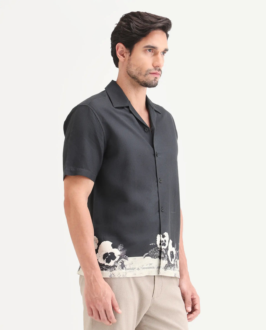 Rare Rabbit Men's Aqel Black Cotton Blend Fabric Half Sleeve Cuban Collar Regular Fit Floral Print Shirt