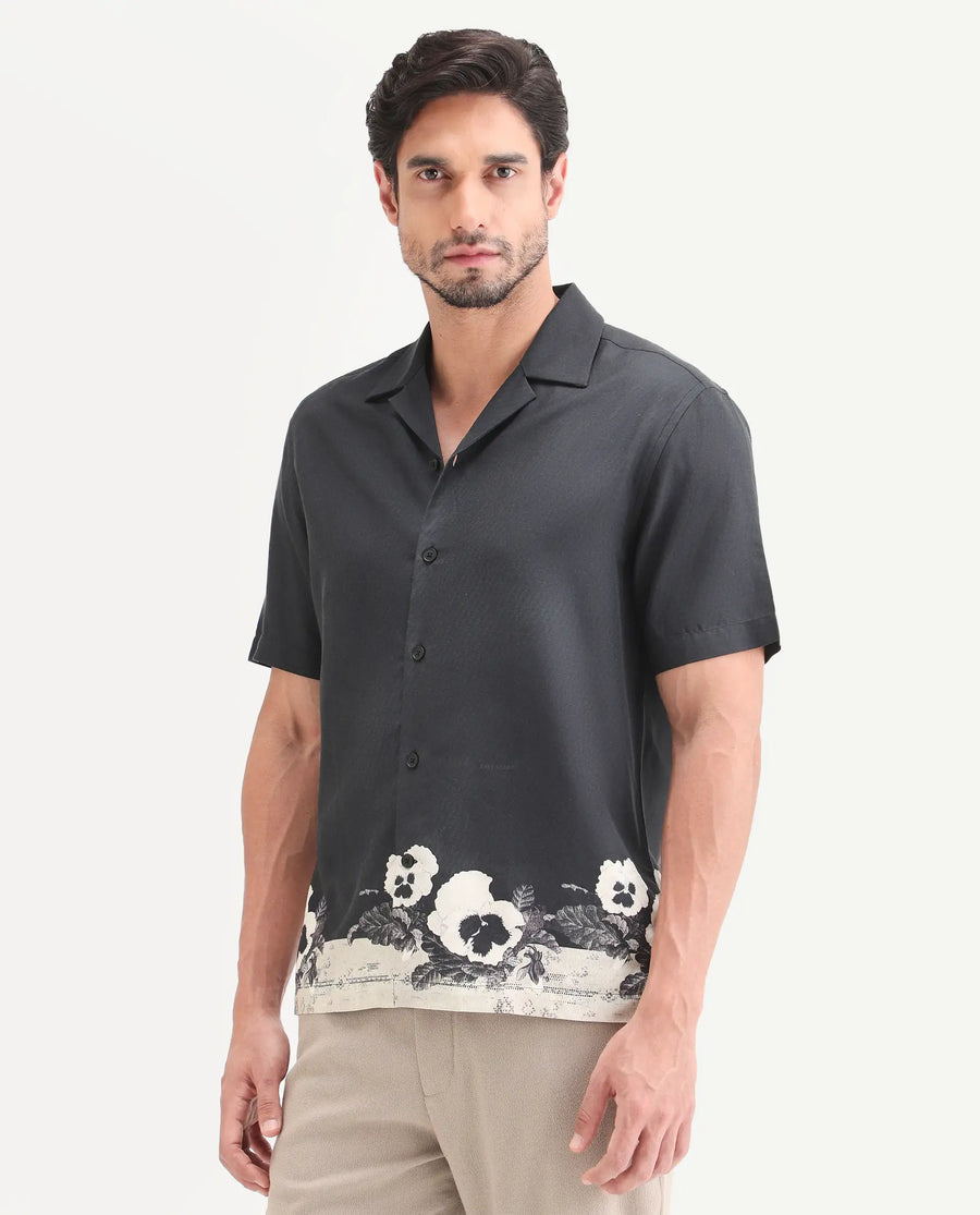 Rare Rabbit Men's Aqel Black Cotton Blend Fabric Half Sleeve Cuban Collar Regular Fit Floral Print Shirt