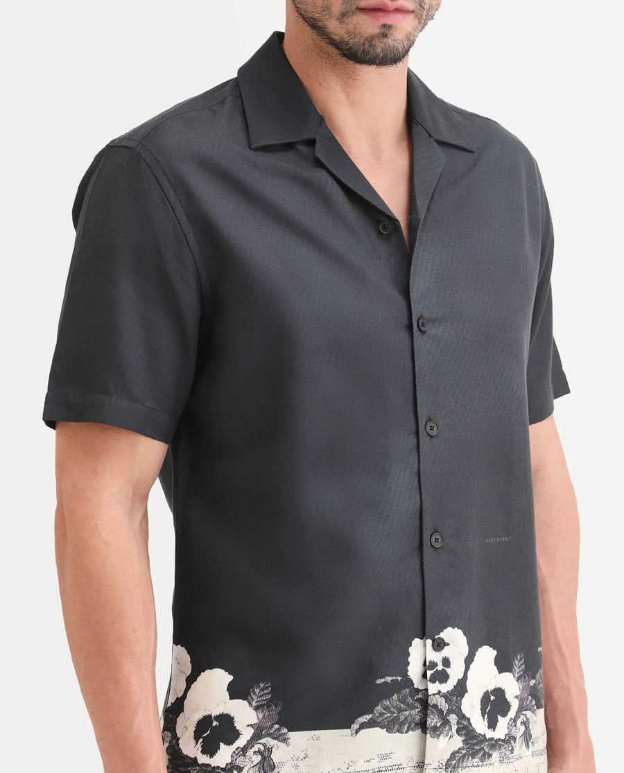 Rare Rabbit Men's Aqel Black Cotton Blend Fabric Half Sleeve Cuban Collar Regular Fit Floral Print Shirt