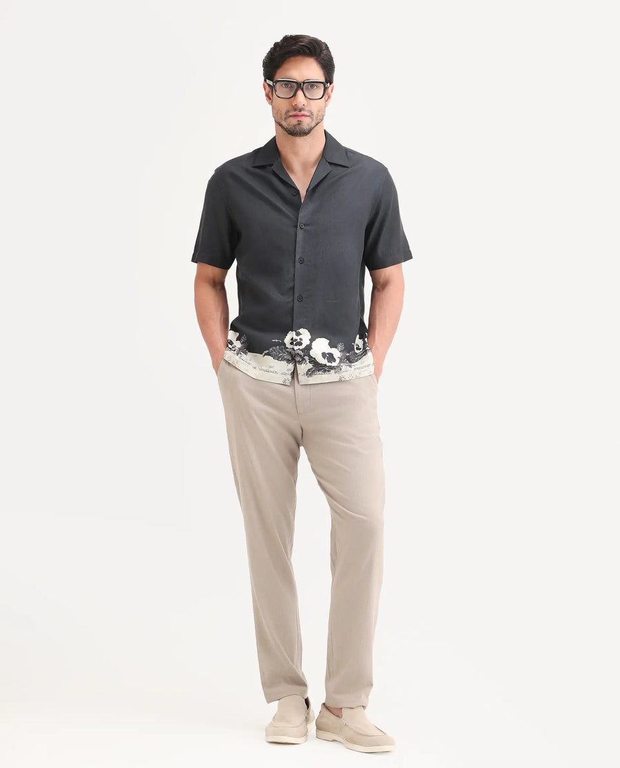 Rare Rabbit Men's Aqel Black Cotton Blend Fabric Half Sleeve Cuban Collar Regular Fit Floral Print Shirt