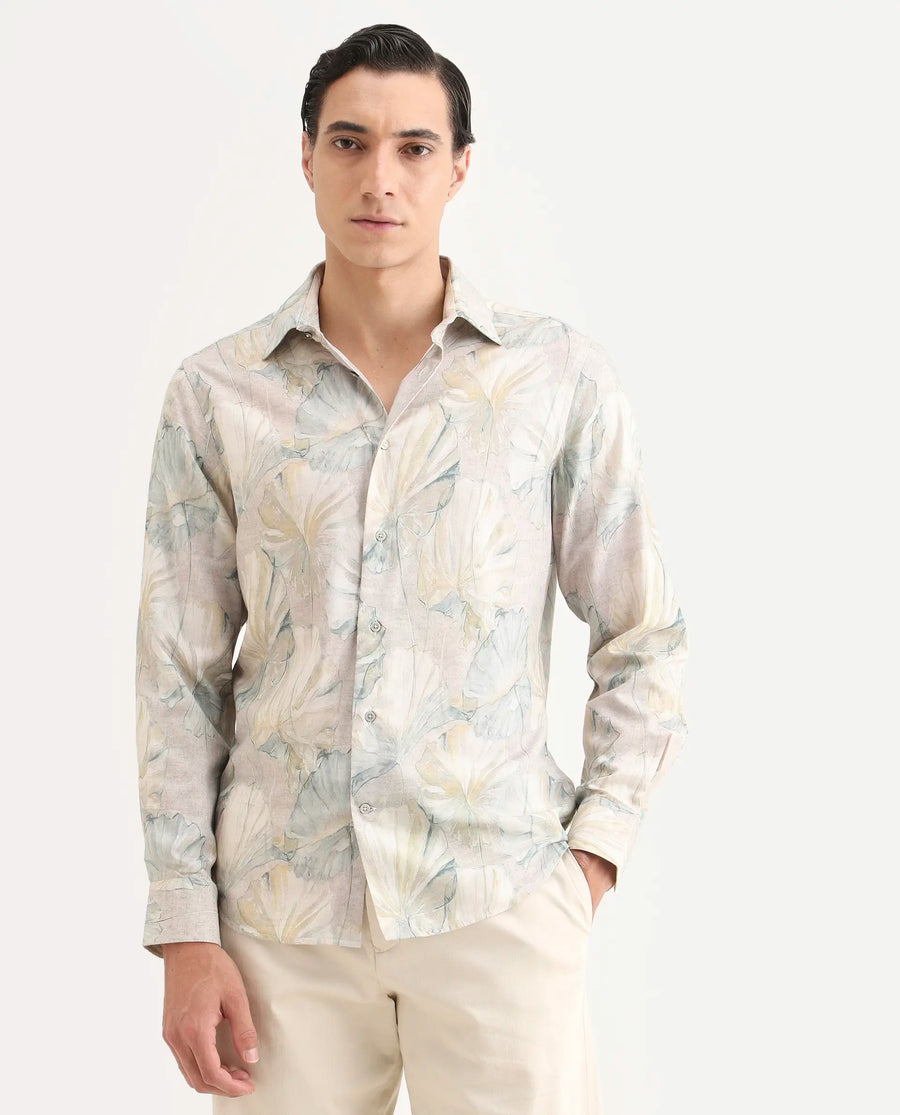 Rare Rabbit Men's Arvo Dusky Beige Cotton Blend Fabric Full Sleeve Spread Collar Regular Fit Floral Print Shirt